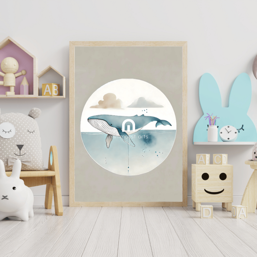 Whale Minimalist Wall Art – Ocean Wildlife Watercolor Print Decor Print Material