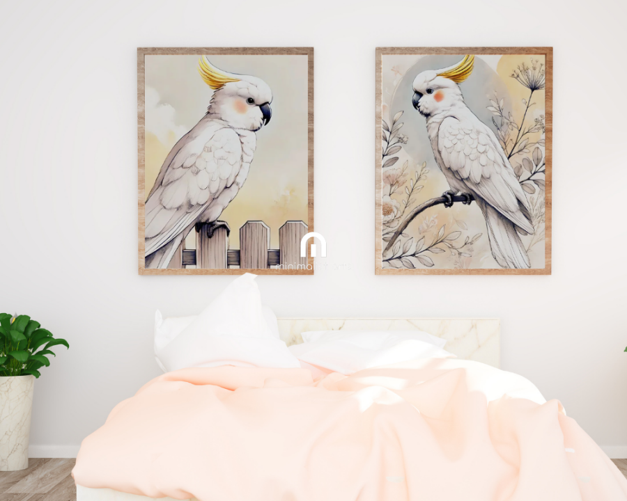 Wildflowers Cockatoo + Backyard Cockatoo Nursery Wall Art Set of 2 Print Material