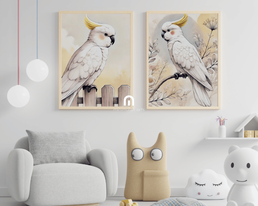 Wildflowers Cockatoo + Backyard Cockatoo Nursery Wall Art Set of 2 Print Material