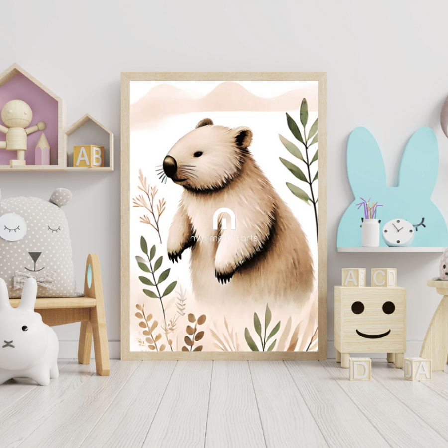 Wombat Minimalist Wall Art – Australian Wildlife Botanical Print Decor Print Material
